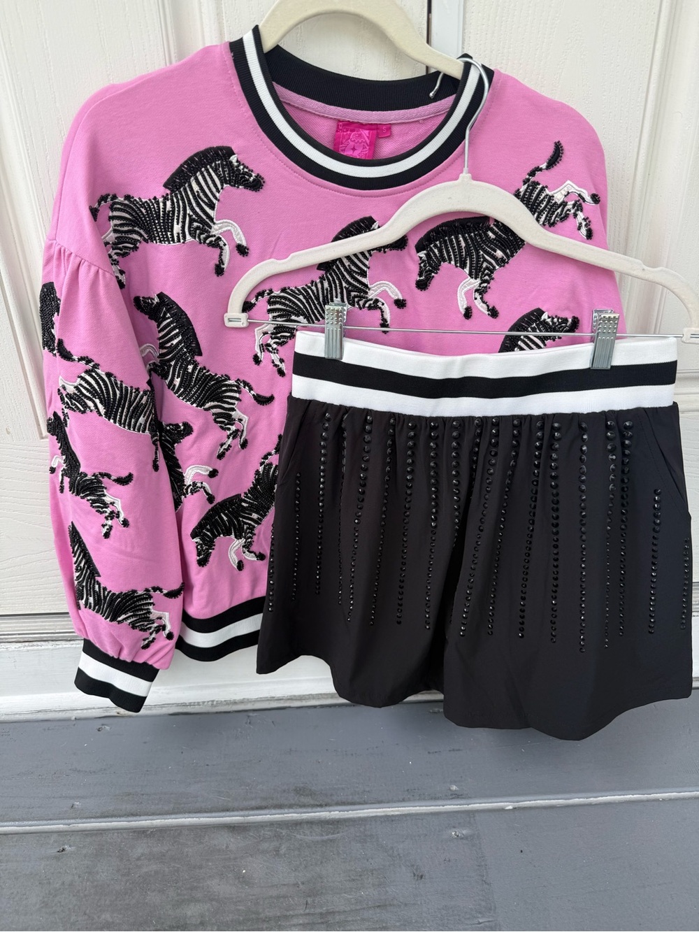 Queen of Sparkles Hot Pink Zebra Sweatshirt and Black Skort Set